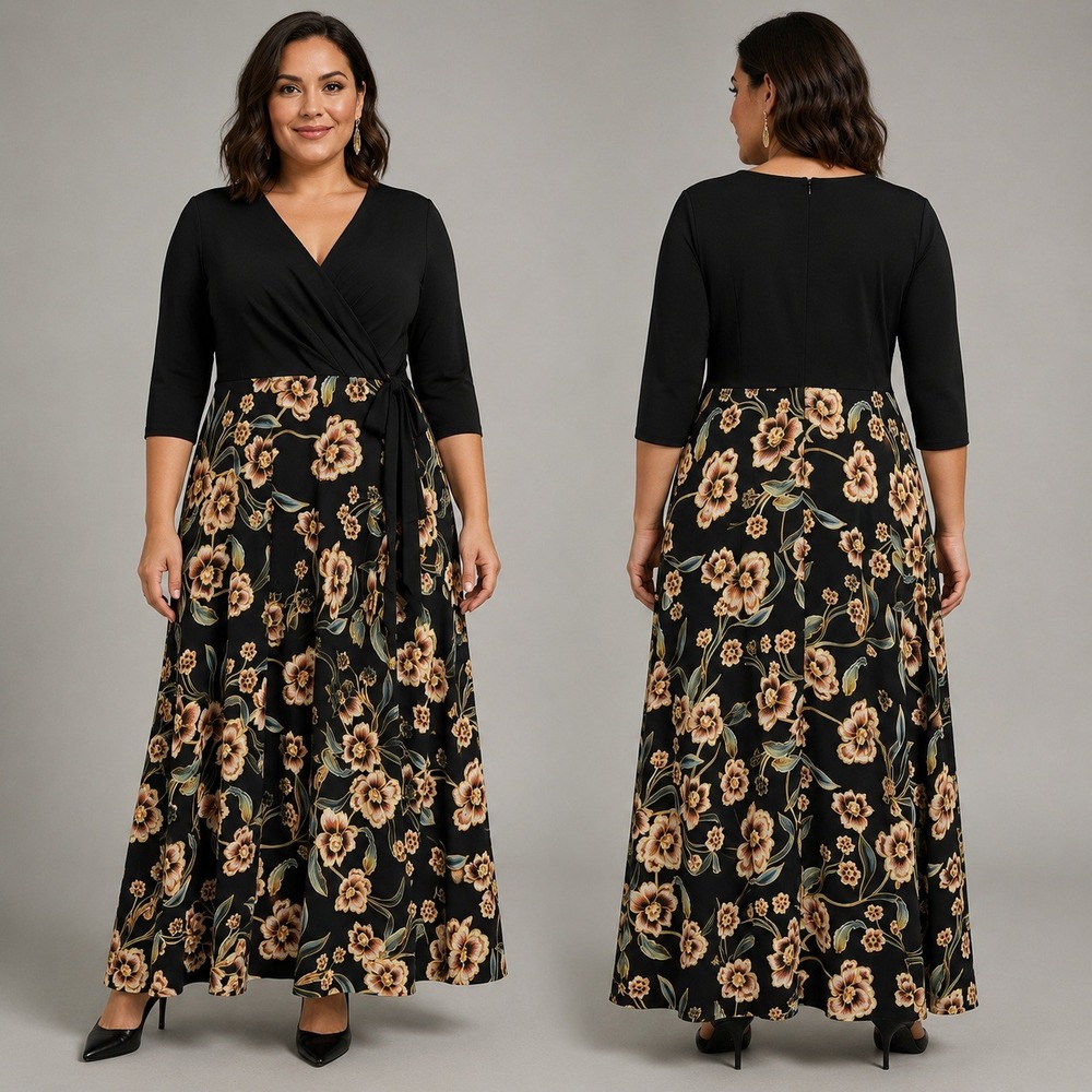 INC International Concepts Faux Wrap Floral Maxi Dress Womens 16 Black Jersey